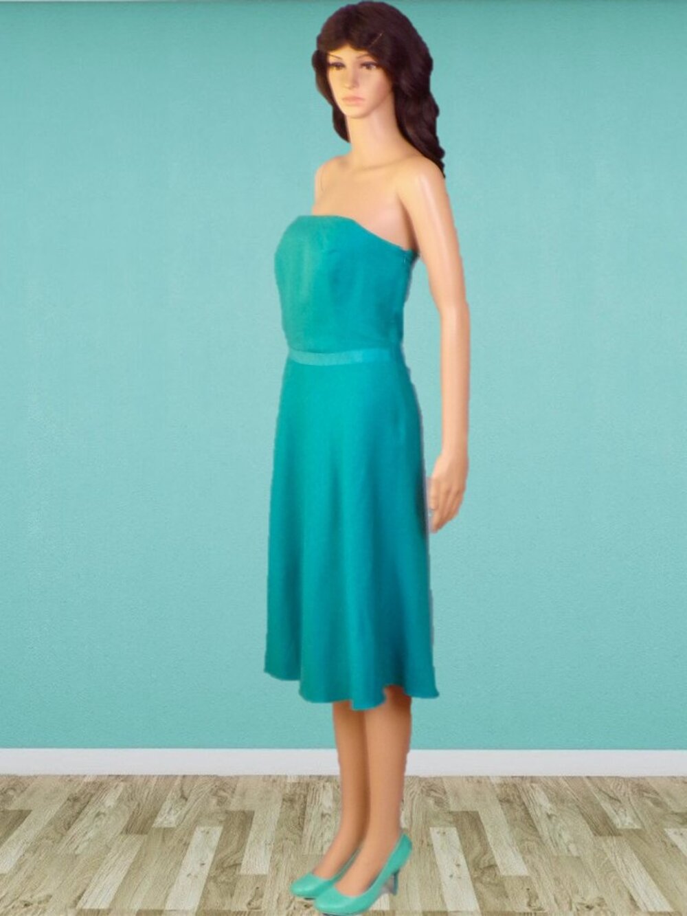 ANN TAYLOR size 8 teal-green OTS fit/flare party/cocktail dress cotton/silk - Picture 8 of 15